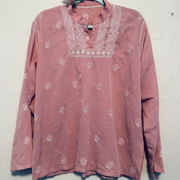 Women’s blouse medium 10 pink white Embroidered Long Sleeve Top linen cotton - Picture 2 of 5